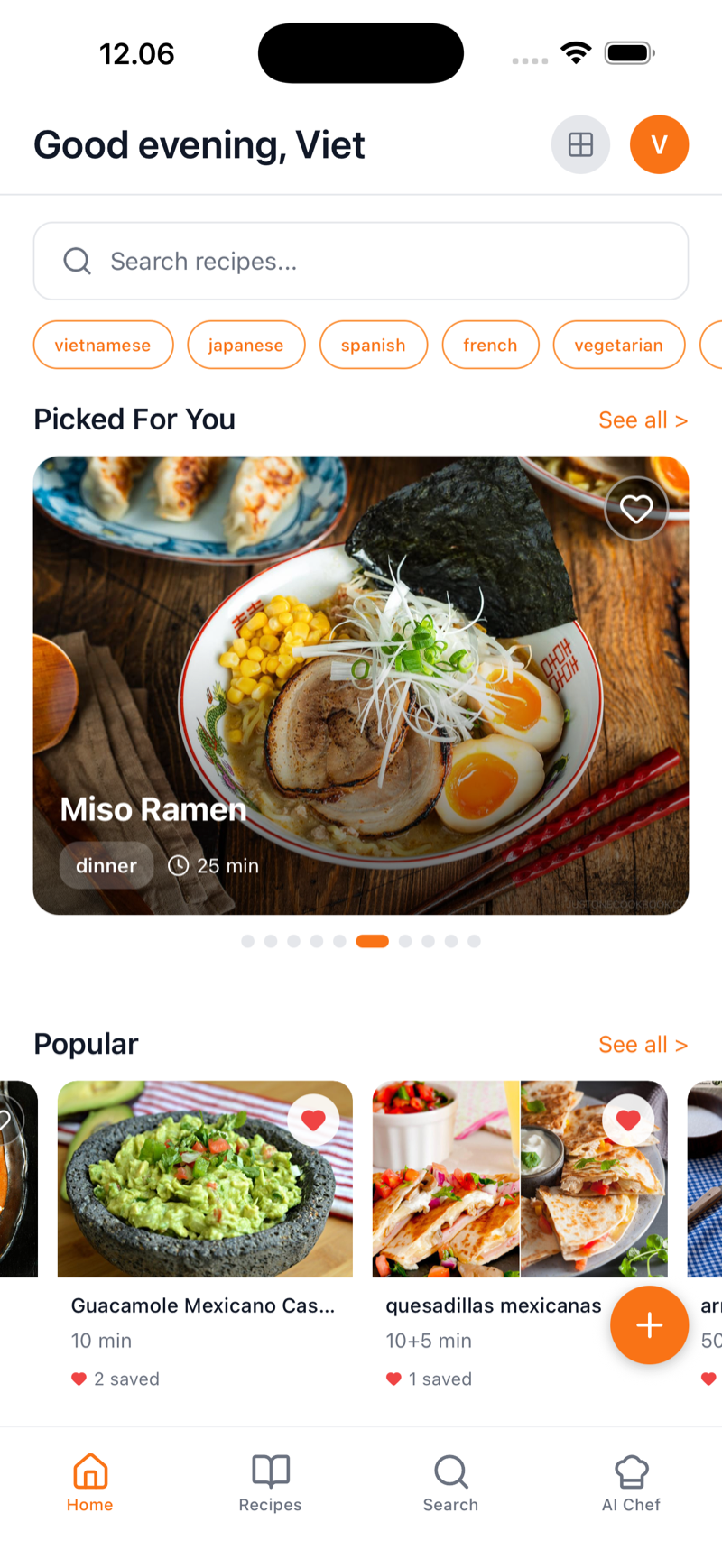 Startskärmen i appen Mi Recipes med receptutforskning, utvalda tips och populära recept