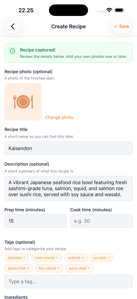 Mi Recipes AI-receptextrahering från vilken webbadress som helst