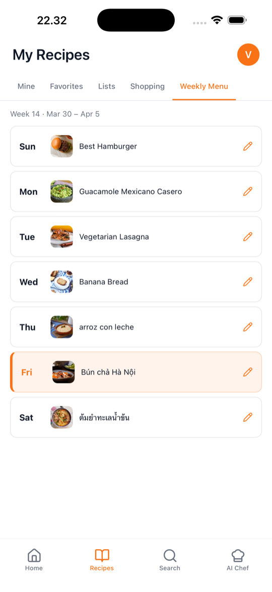 Mi Recipes veckomeny med recept inlagda på varje dag i veckan